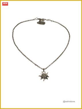 Edelweiss Rhinestone Pendant Necklace for Dirndl Oktoberfest, Antique Silver